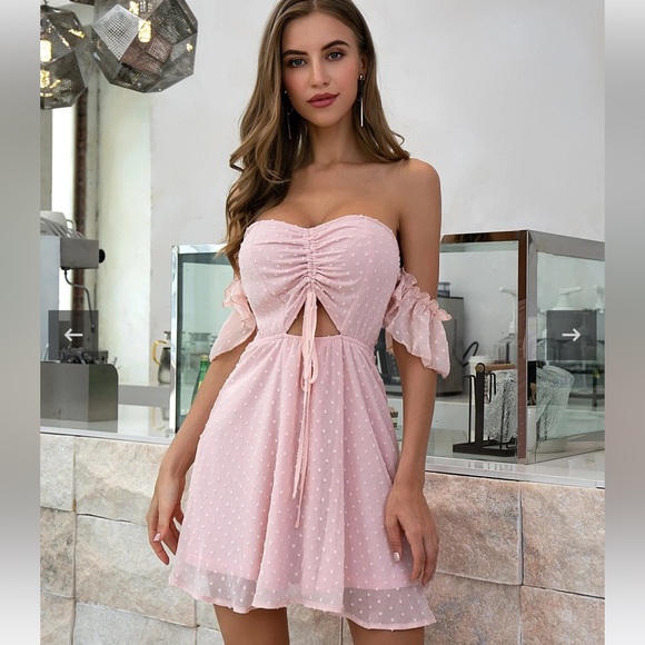 Double Zero Dresses & Skirts - Double zero off the shoulder ruched draw front Swiss dot pink mini dress